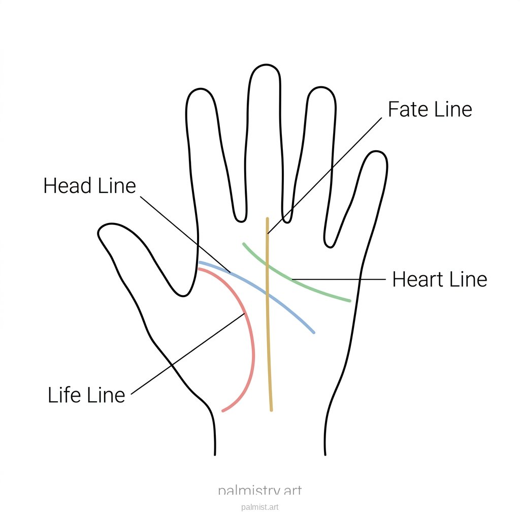 Palm diagram showing life line, head line, heart line, and fate line labeled clearly.