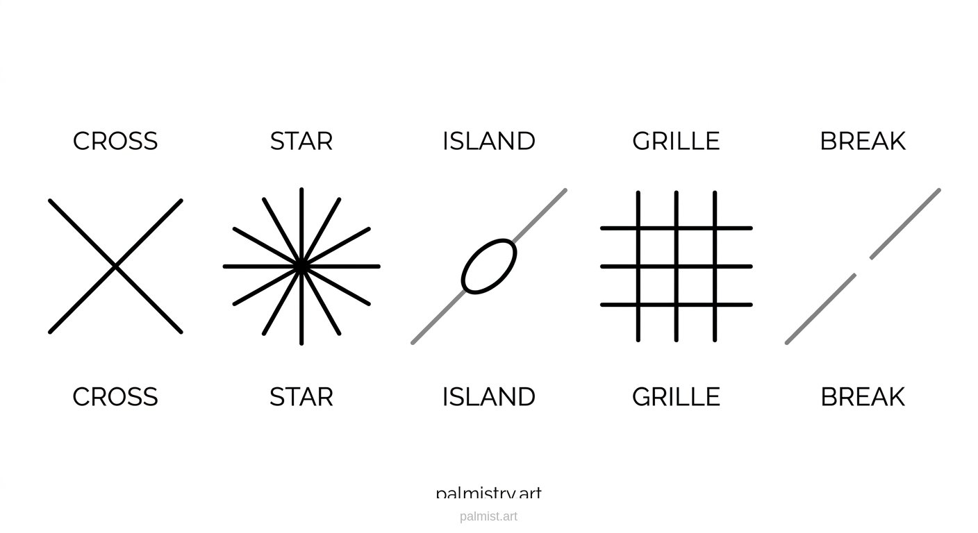 Diagram showing palmistry signs including cross, star, island, grille, and break.