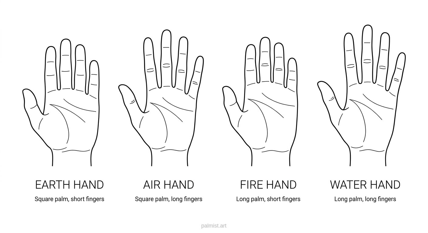 Diagram showing four palmistry hand shapes: earth, air, fire, and water.