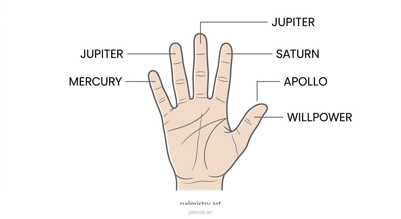 Hand diagram labeling each finger and thumb with palmistry meanings.