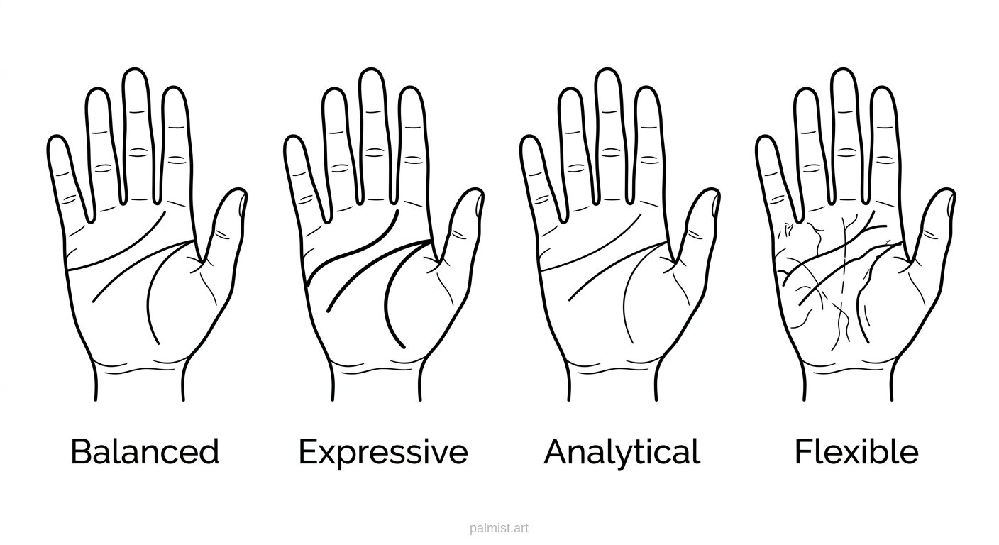 Examples of different palm types showing balanced, expressive, analytical, and flexible hands.
