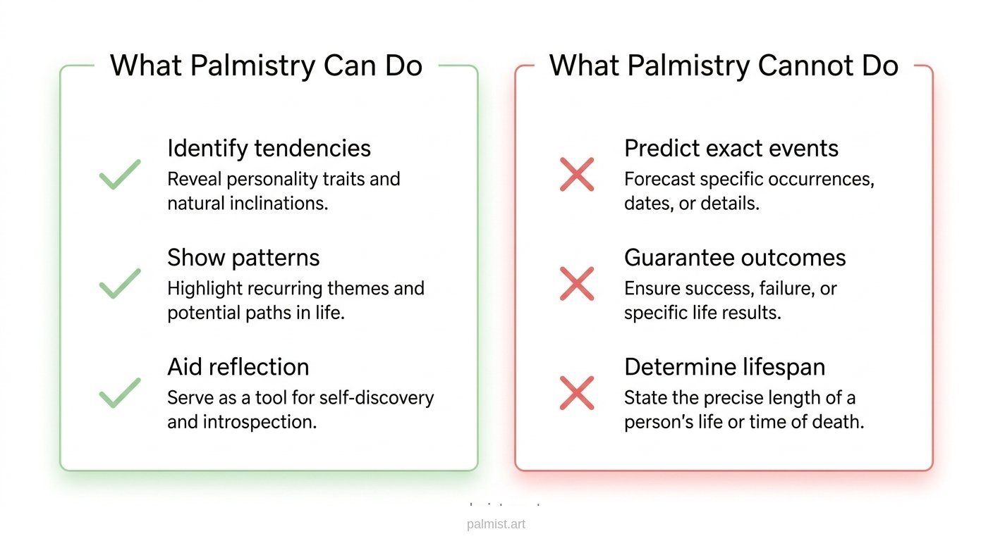 Infographic showing what palmistry can and cannot do.