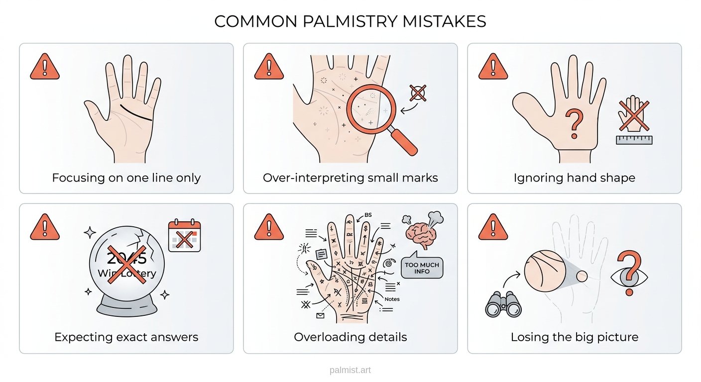 Infographic showing common mistakes beginners make in palmistry.