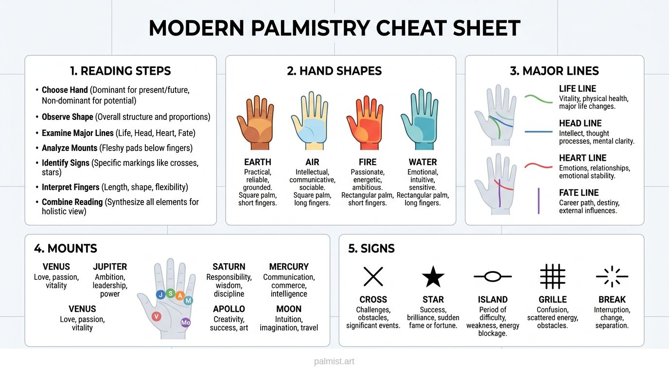 Palmistry cheat sheet infographic.