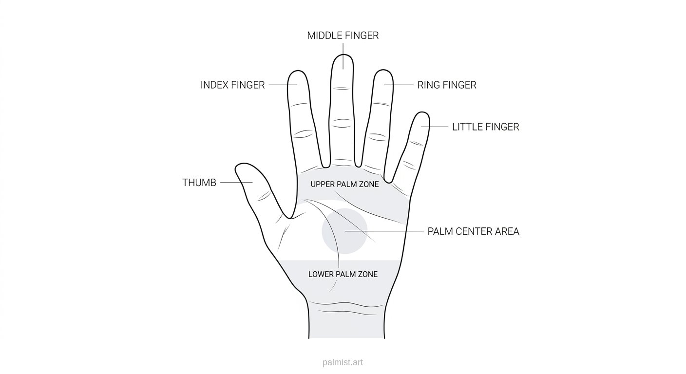 Diagram of a hand showing palm, thumb, and labeled fingers used in palmistry.