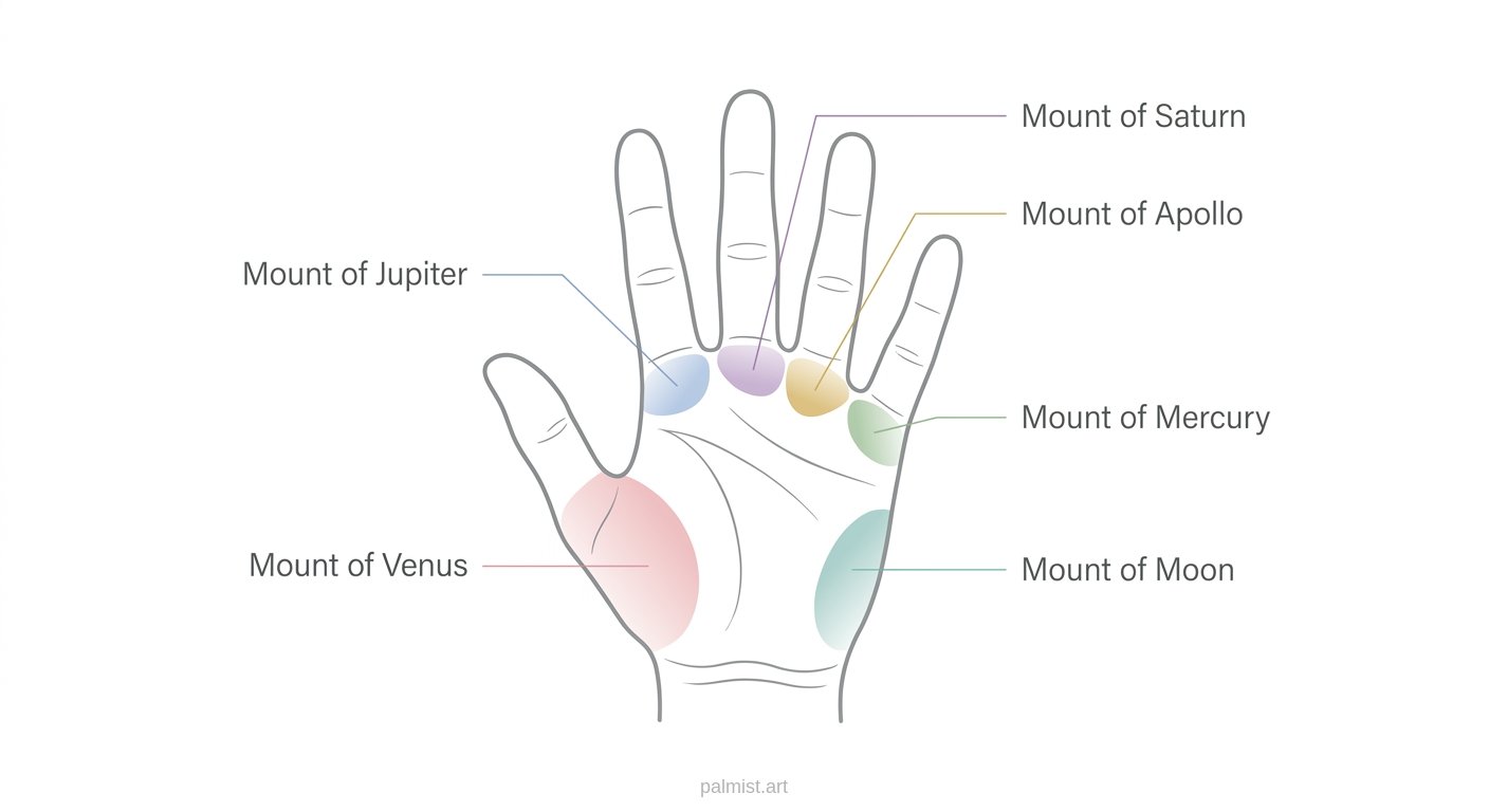 Palm diagram showing labeled mounts including Venus, Jupiter, Saturn, Apollo, Mercury, and Moon.