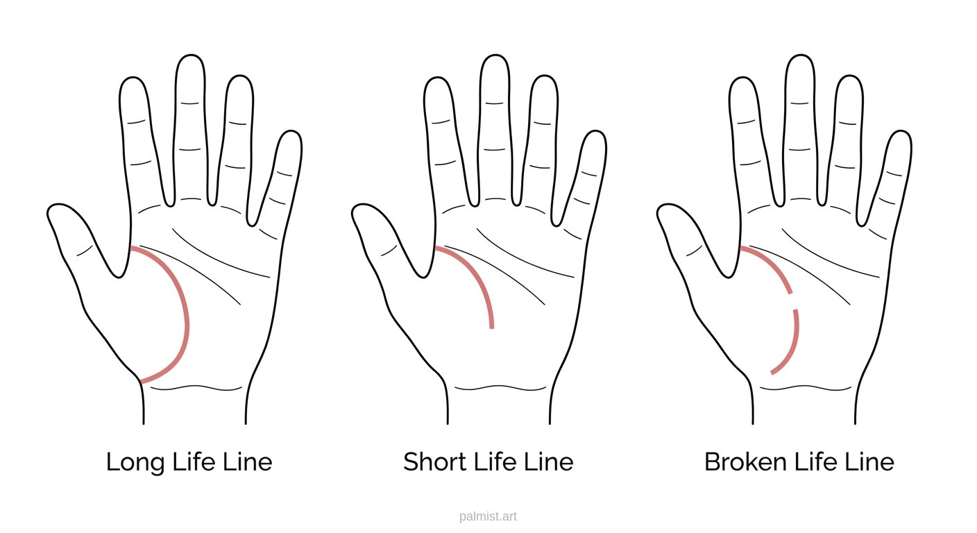 Palm diagram showing life line variations including long, short, and broken life lines.