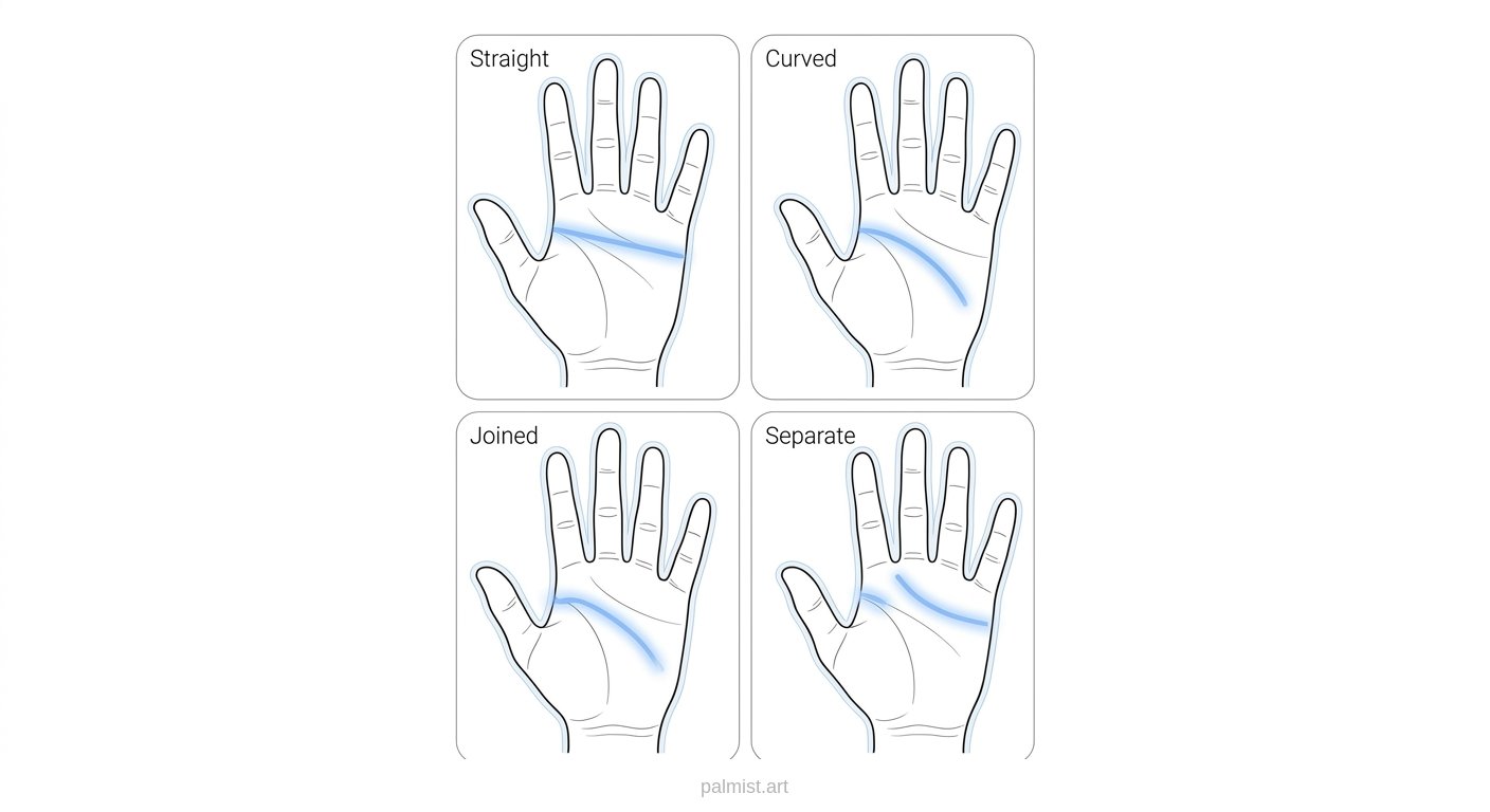 Palm diagram showing head line variations including straight, curved, joined and separate.