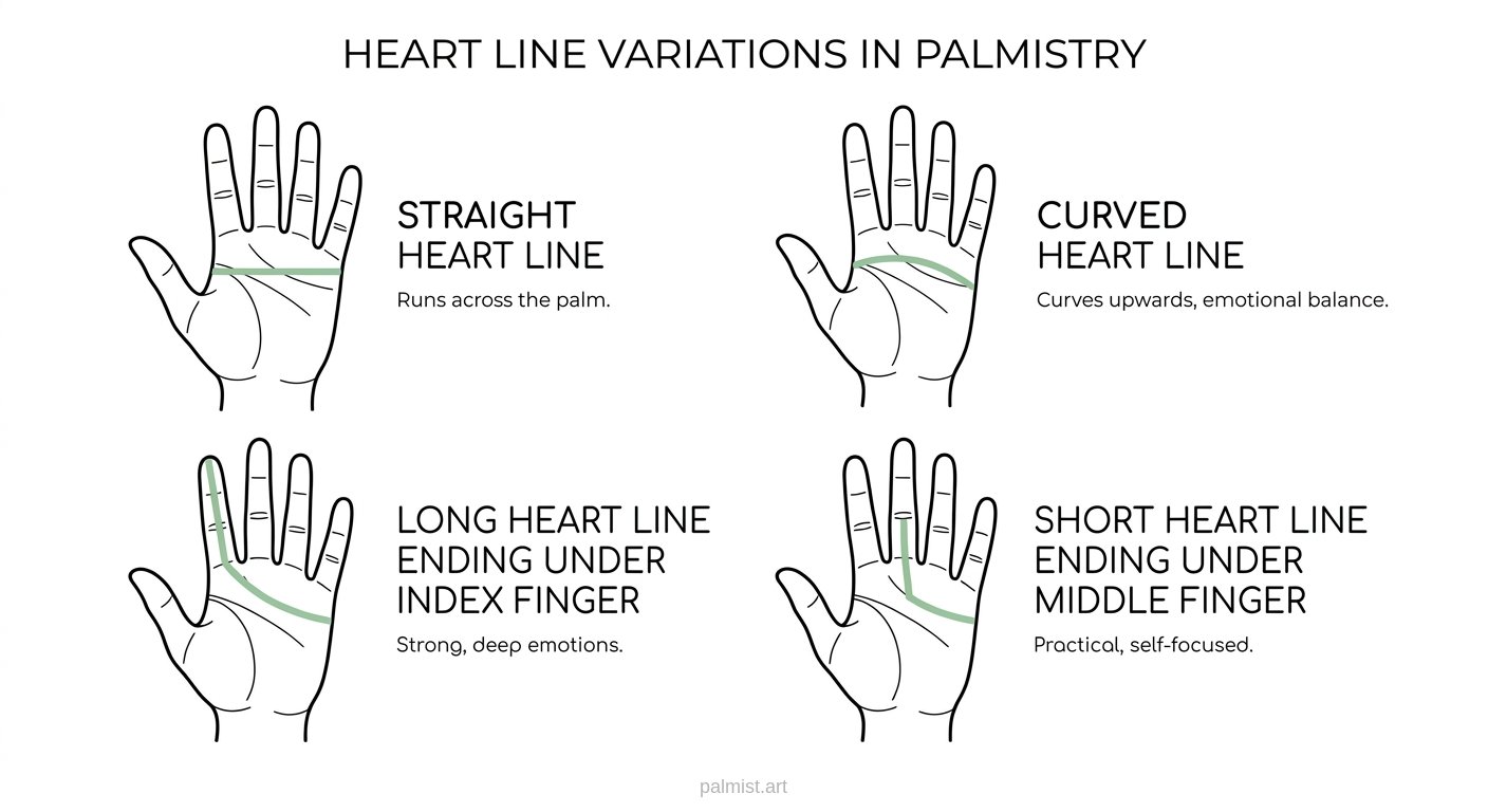Palm diagram showing heart line variations including straight, curved, and different ending points.