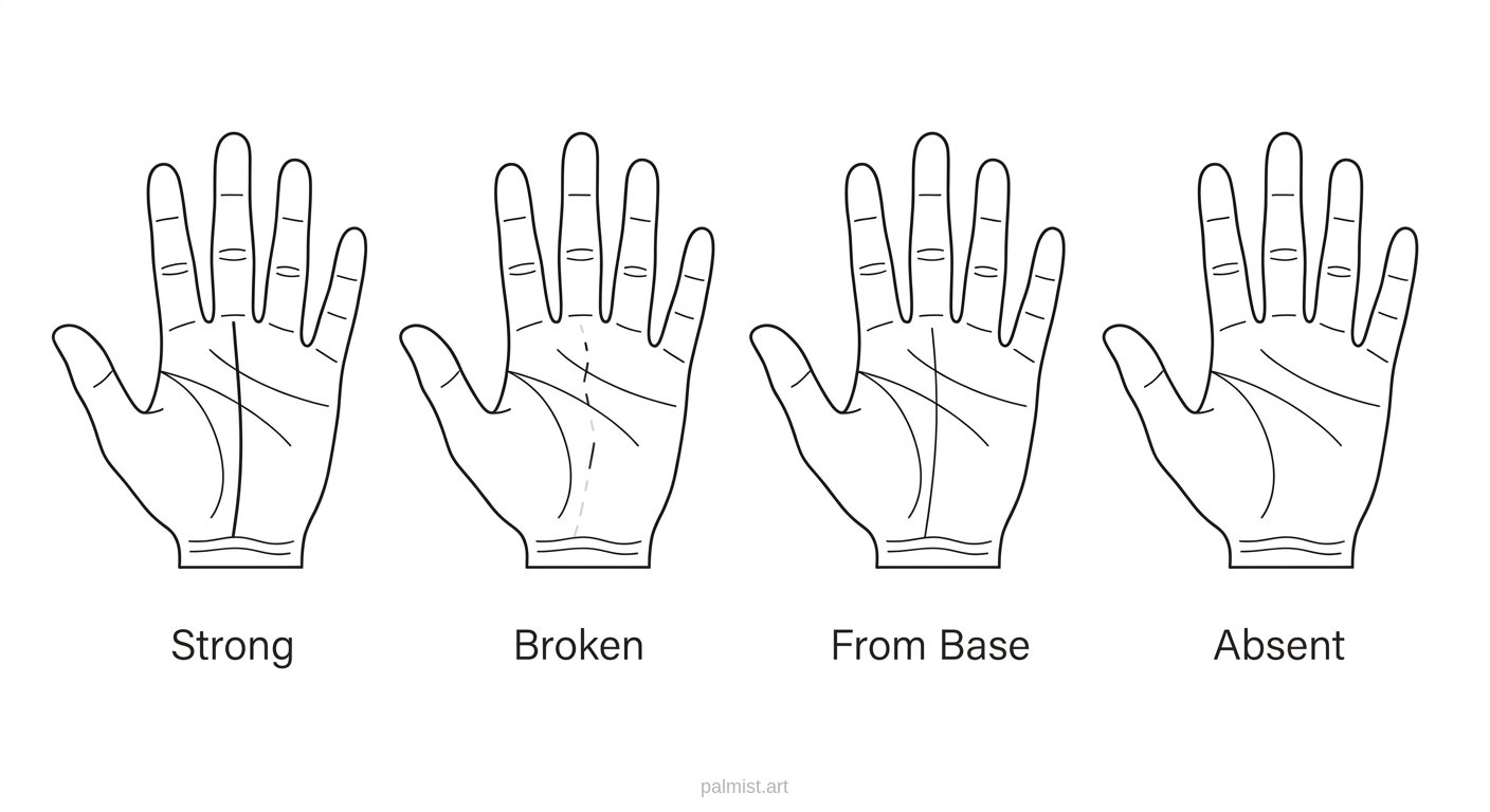 Palm diagram showing fate line variations including strong, faint, and absence.