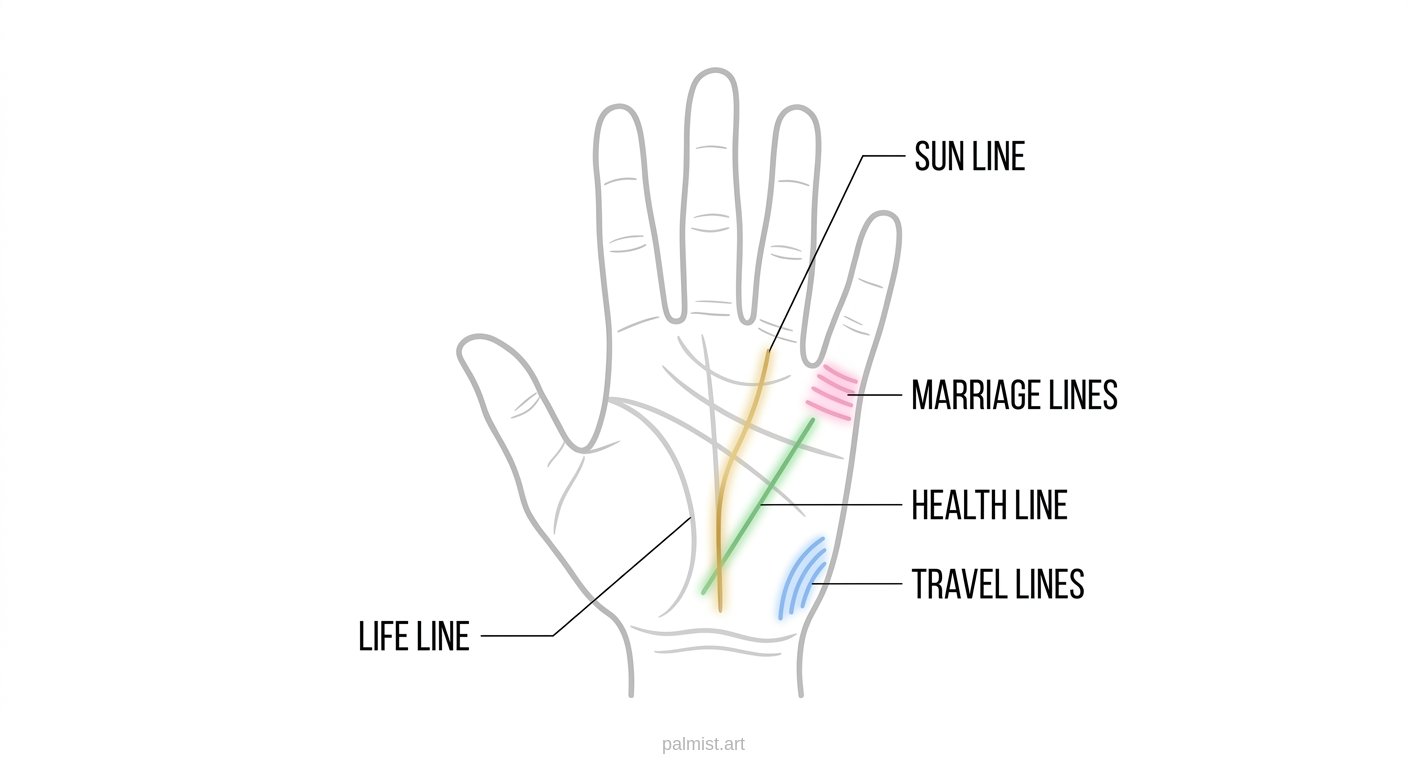 Palm diagram showing minor lines including sun line, health line, marriage lines, and travel lines.